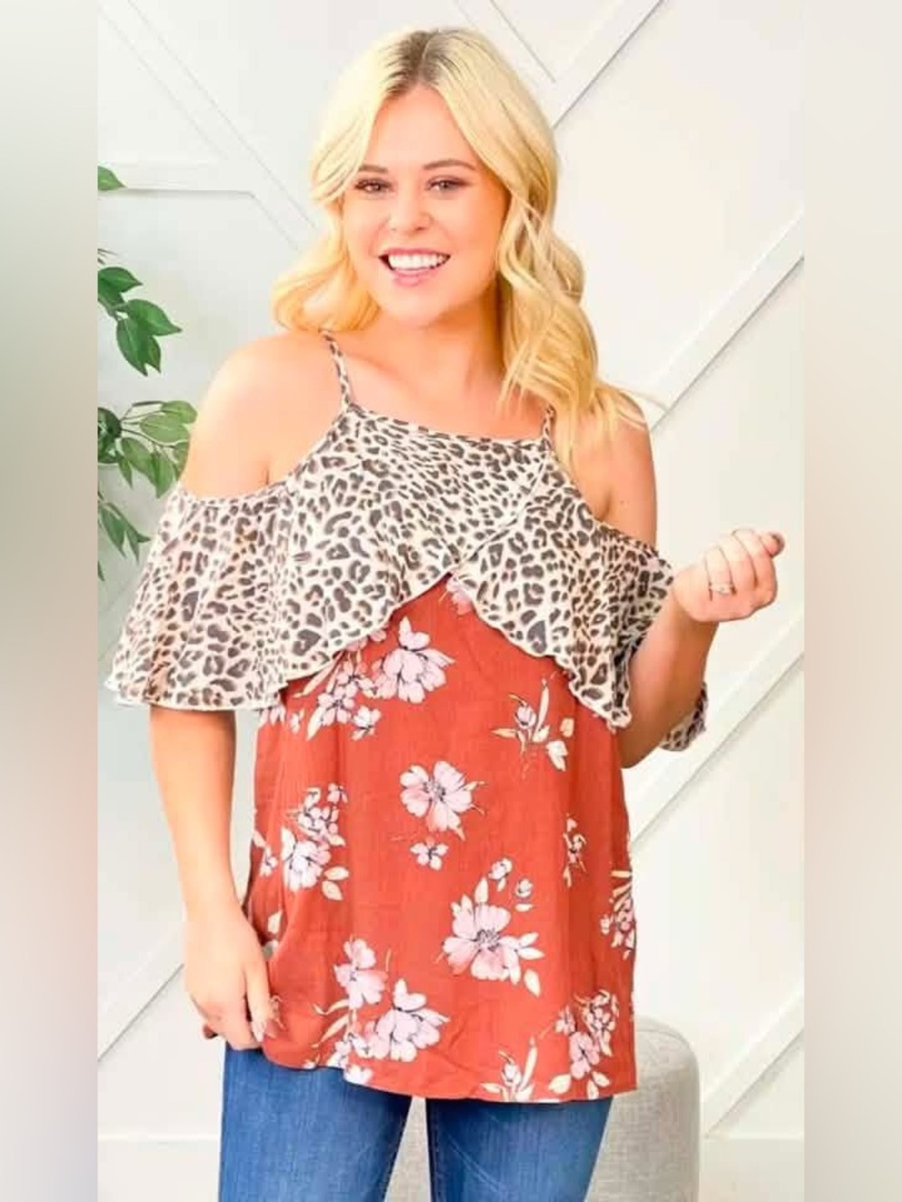 Boutique Leopard-Trim Rust Floral Cold-Shoulder Camisole